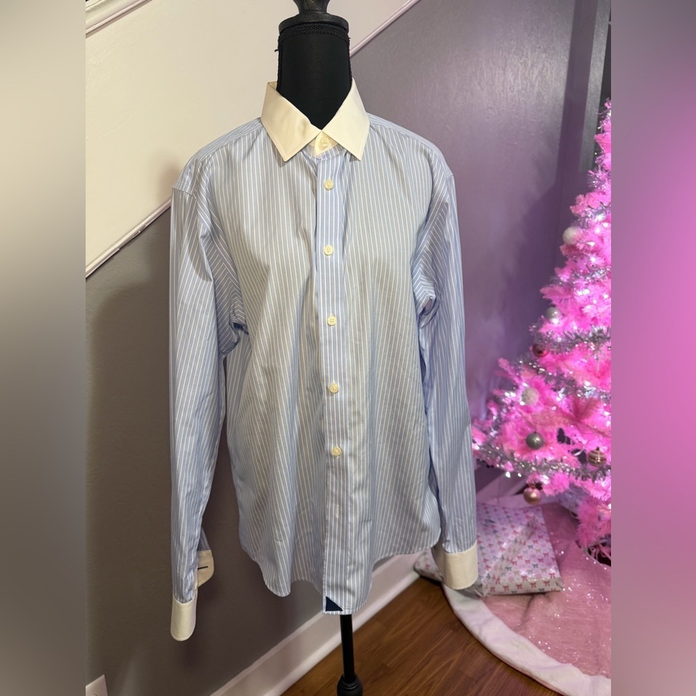 Untuckit 2-Ply Cotton Blue & White Striped Button Down Shirt Size Medium.